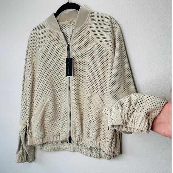 NWT Brunello Cucinelli Tan Cream Laser Cut 100% Leather Bomber Jacket 48 / XL - Picture 4 of 16